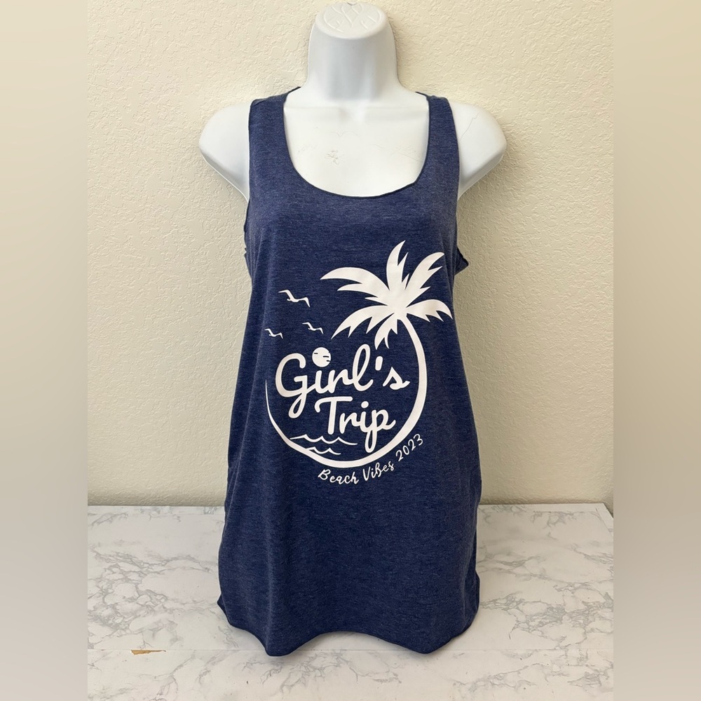 Girls Trip Tank Top Women’s L Blue Palms Beach Tropical Sleeveless Shirt - Picture 1 of 4